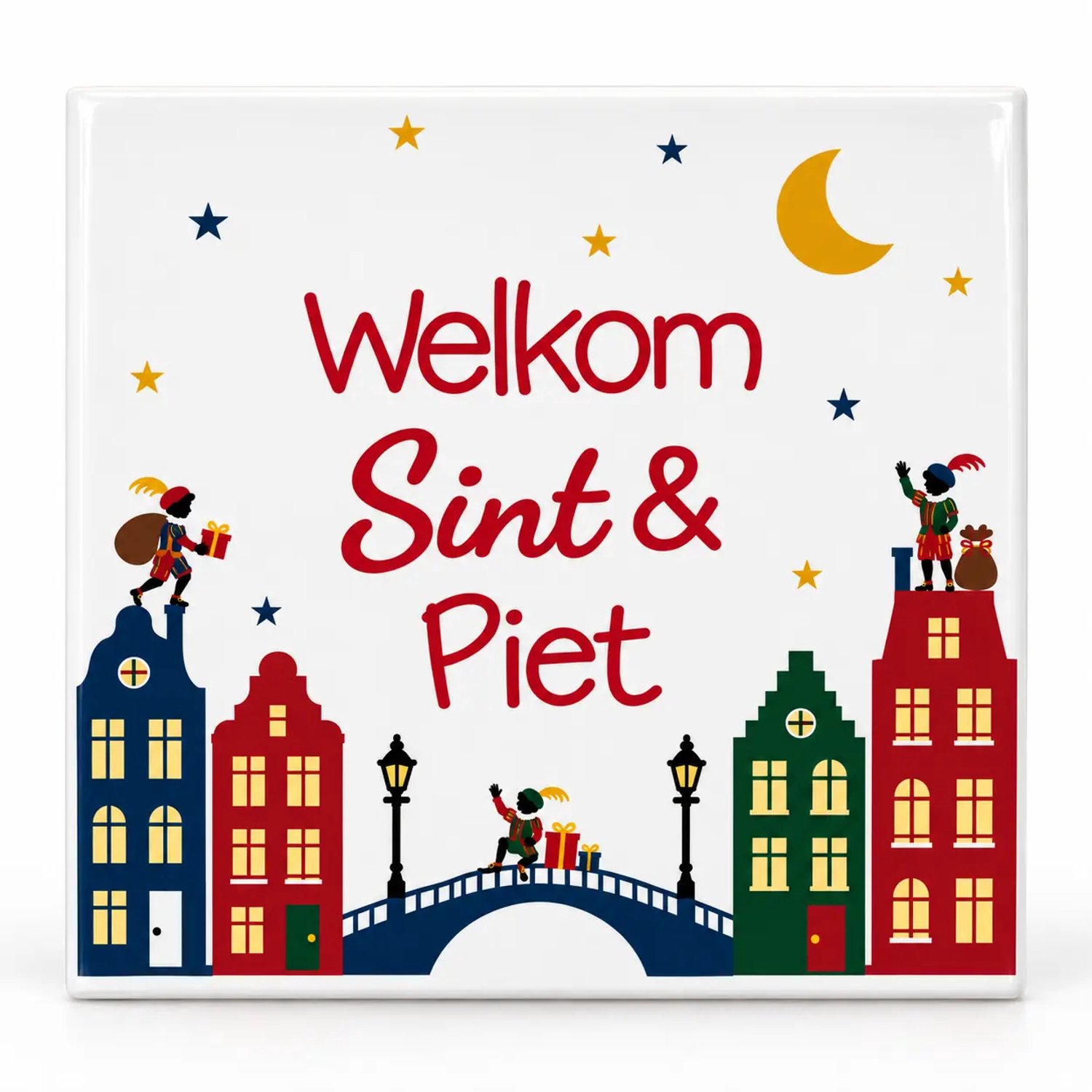 Saduro® Sinterklaas Tegeltje – Welkom Sint & Piet – Grachtenpanden – 10,8 x 10,8 cm meerkleurig
