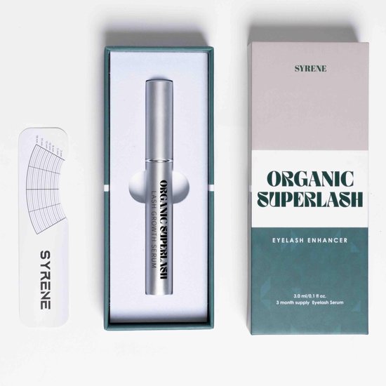 Zilverkleurig Syrene wimperserum in doos met wimpergids en productverpakking met tekst Organic Superlash.
