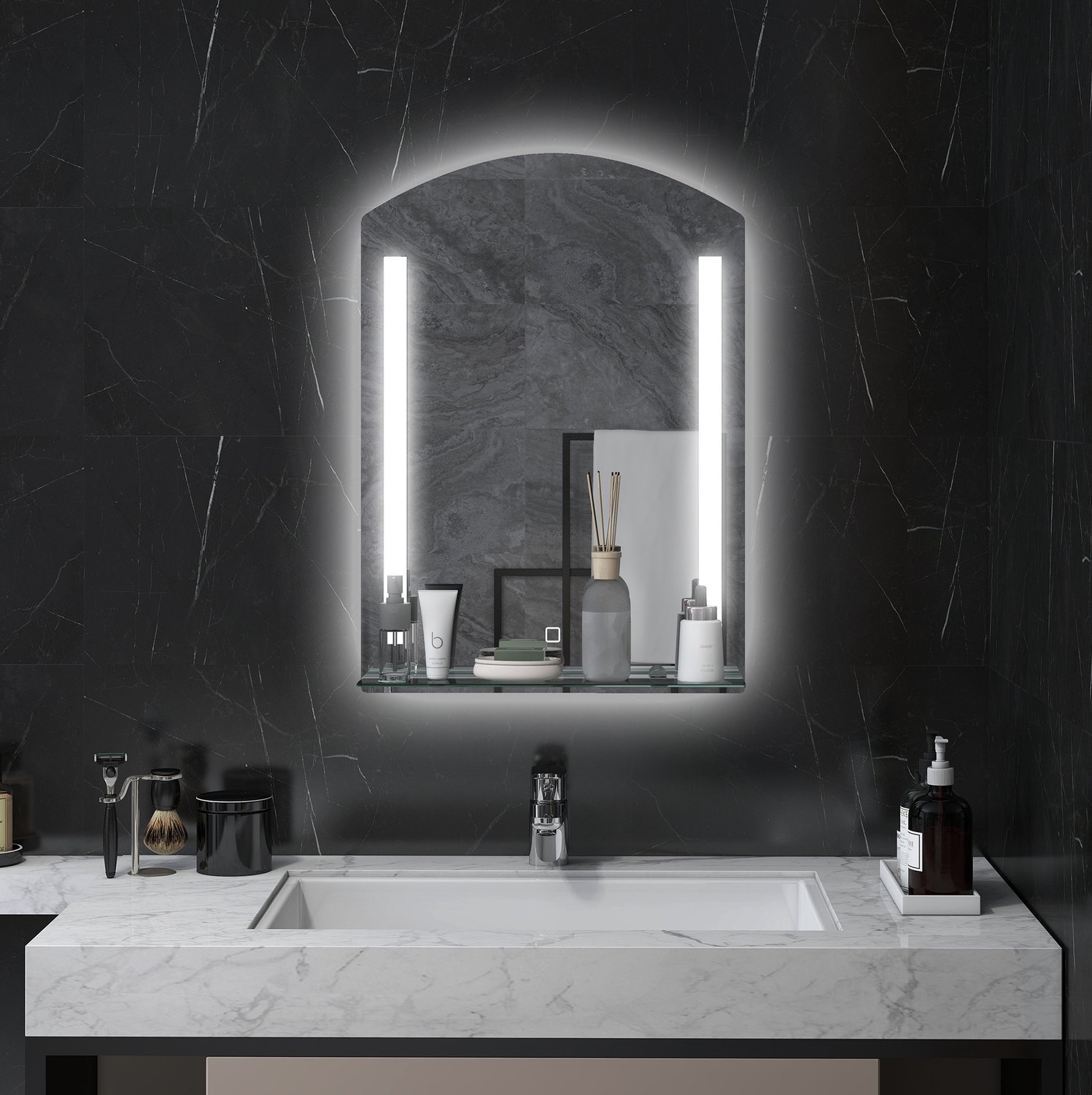 MEUNIQ badkamerspiegel met ledverlichting, 50 x 70 cm, 3 lichtkleuren, aanraakschakelaar, geheugenfunctie en glazen planchet, wandspiegel in zilver