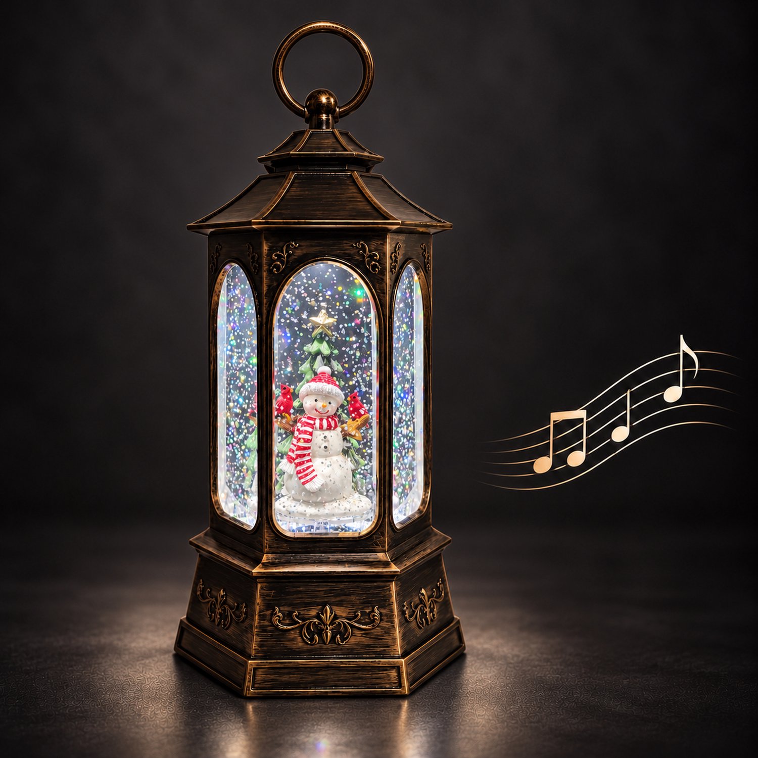 EasyMart Kerstlantaarn - Sneeuwbol met Muziek en LED Verlichting - Waterlantaarn met Bewegende Glitter - 27 cm - Sneeuwpop - Kerstdecoratie Binnen - Sneeuweffect - Zeshoekig - USB Kabel Inbegrepen - Op 3 AA Batterijen - Bronskleurig