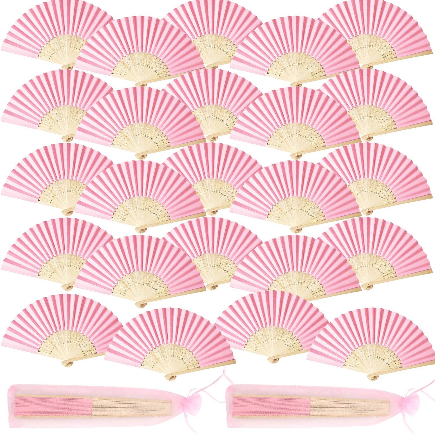 Vouwbare Handfan - 24 Stuks Rosa met Organza Tassen
