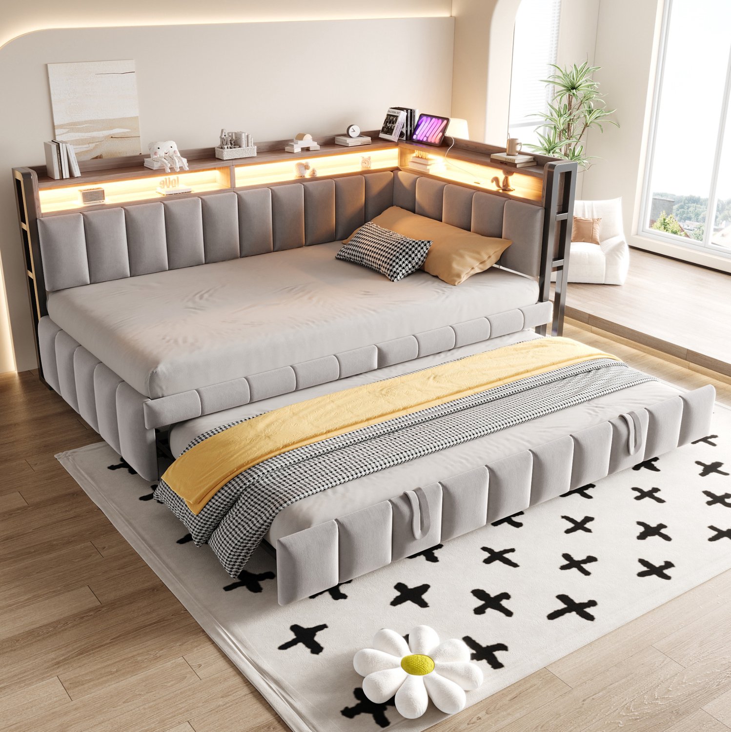 HAUSS SPOLE Slaapbank 90x200 cm - Uitschuifbed met Verstelbare Verlichting en Opbergruimte - Met Oplaadaansluitingen - Zonder Matras - Fluweel - Lichtgrijs