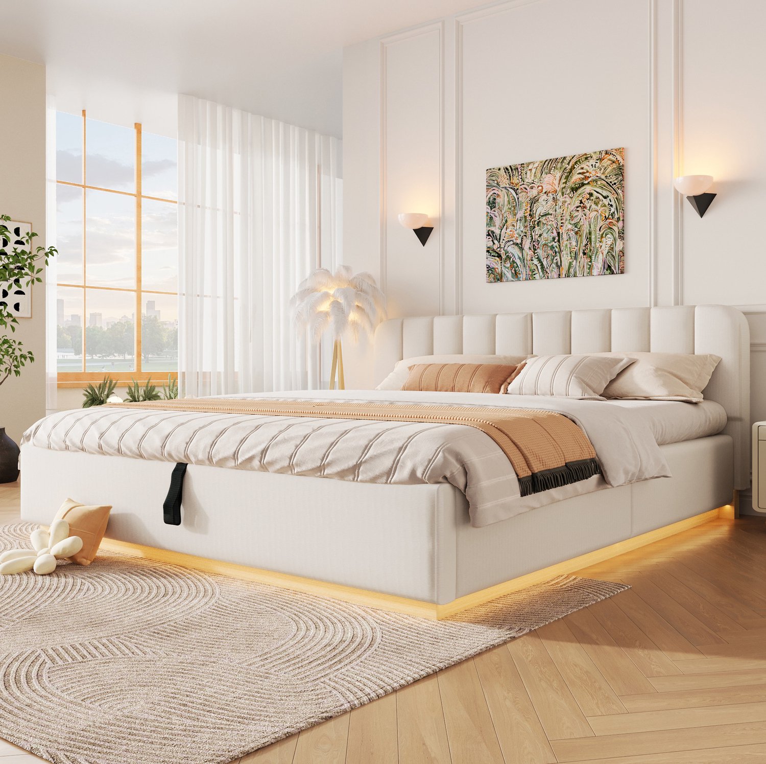 HAUSS SPOLE Gestoffeerd Bed 180x200 cm - Tweepersoonsbed met Lattenbodem en Verlichting - Hydraulische Opbergruimte - Zonder Matras - Chenille - Beige