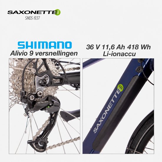 SAXXX Elektrische Fiets 28 inch Dames Heren - Middenmotor 70 Nm - Accu 418 Wh - Actieradius tot 100 km - Shimano Alivio 9 Versnellingen - Hydraulische Schijfremmen - Aluminium Frame - wit — afbeelding 3