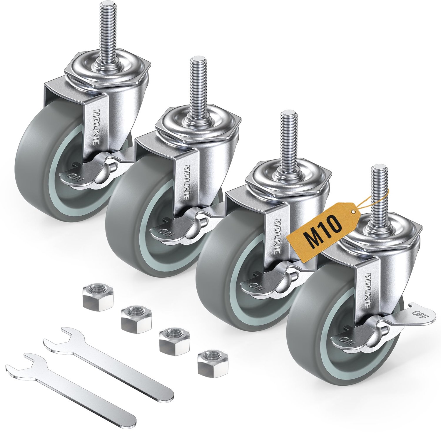 Set van 4 Grijze Zwenkwielen 75 mm met Vergrendeling M10
