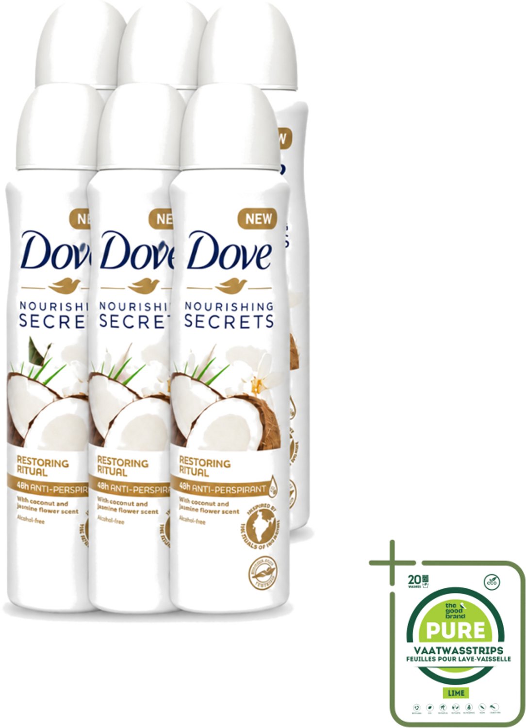 6 x Dove – Deodorant Spray – Restoring Ritual Cocos & Jasmijn – 150 ml - Grootverpakking - Vaatwasstrips - Deodorant Spray - Okselverzorging - Kokos En Jasmijn - Alcoholvrije Deodorant - Huidverzorging