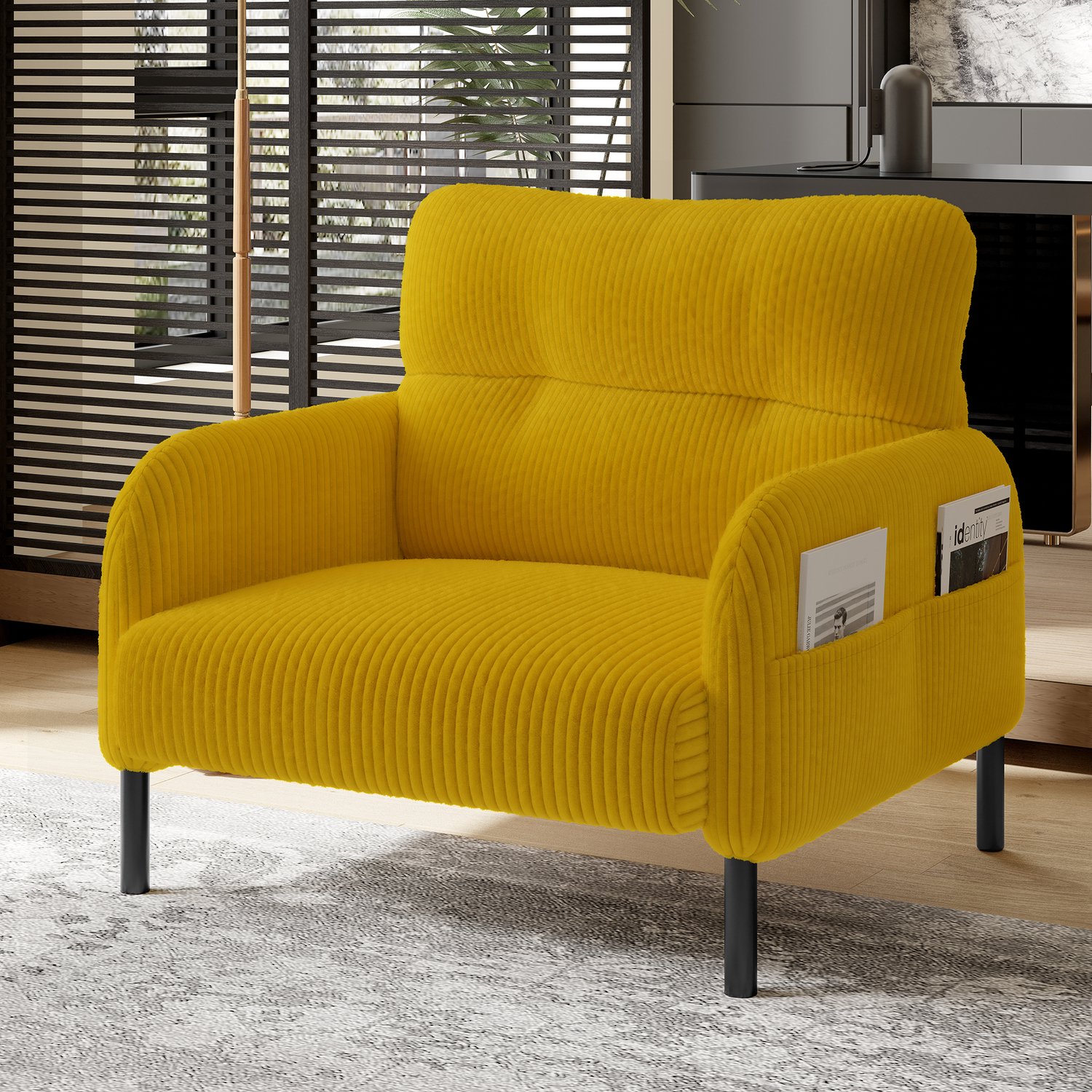 MEUNIQ Fauteuil van ribfluweel 67 x 75 x 79 cm – gele eenpersoons fauteuil met armleuningen, zijvakken en metalen frame voor woonkamer of slaapkamer Geel