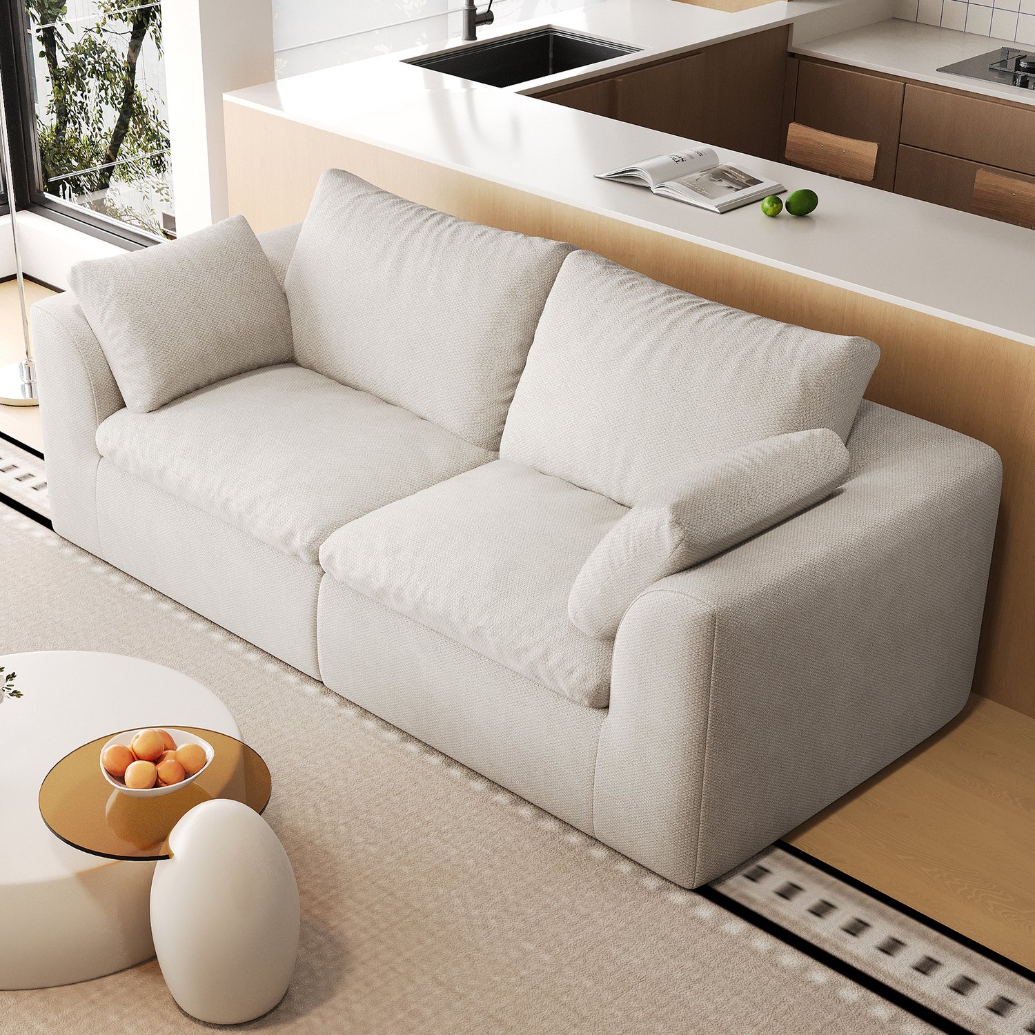 FloraGrace Zitbank 180 x 90 x 83 cm - 2 Zitplaatsen met Zachte Schuimvulling - Compact Verpakt voor de Woonkamer - Linnen - Beige Wit Beige-wit
