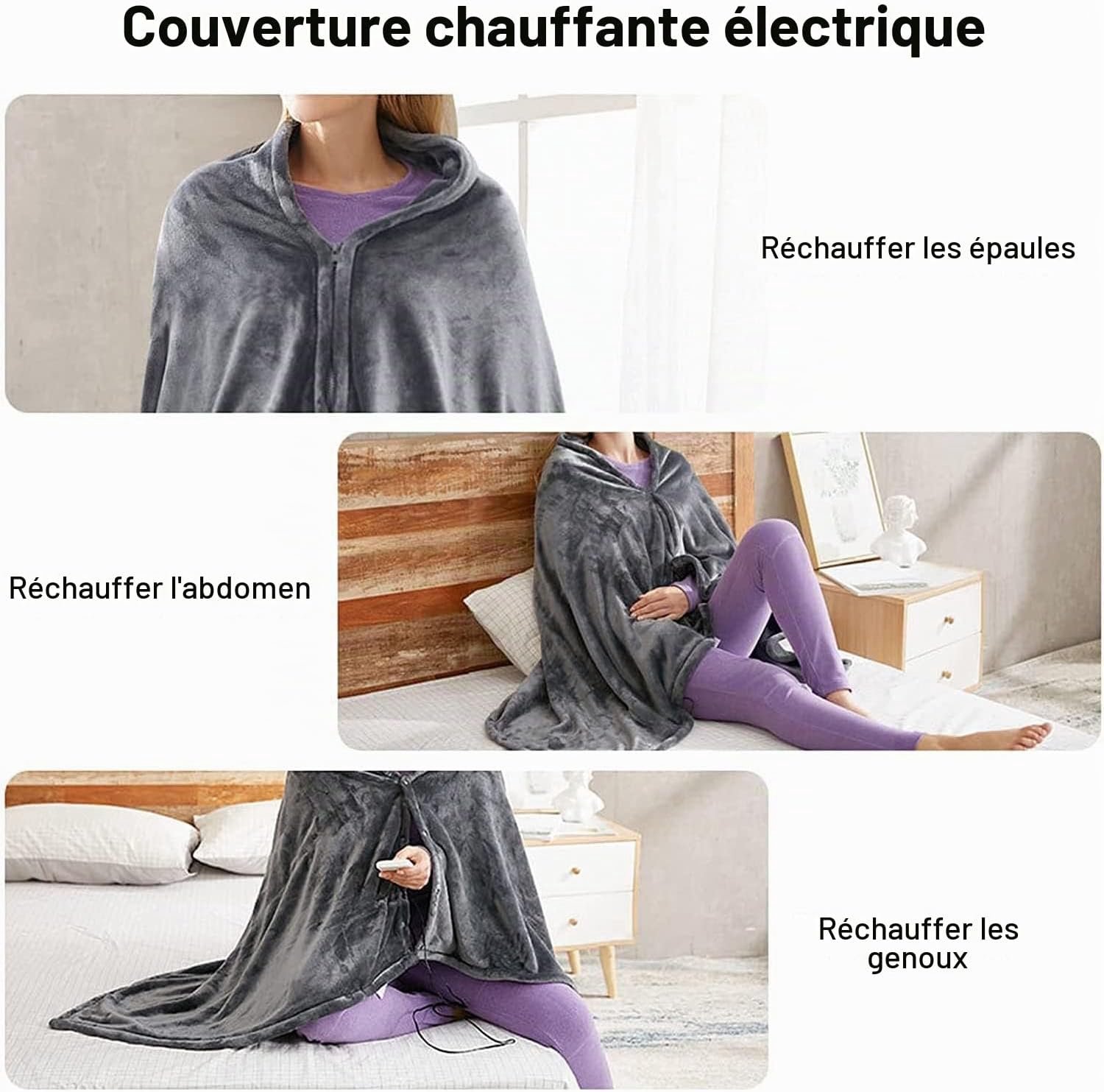 Elektrische Deken - 150x85cm - - 3 Standen - Oplaadbare elektrische deken - 1 Persoons Bovendeken - Warmtedeken - Verwarmde deken - Draagbare verwarmde omslagdoek - USB-oplaadbaar - Verwarmde deken - Warmte Poncho - Voor Thuis & Kantoor - Grijs – foto 6