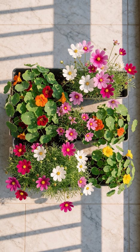 Olijfgroene plantenbak gevuld met kleurrijke roze, witte, rode en oranje bloemen op een betegelde ondergrond.