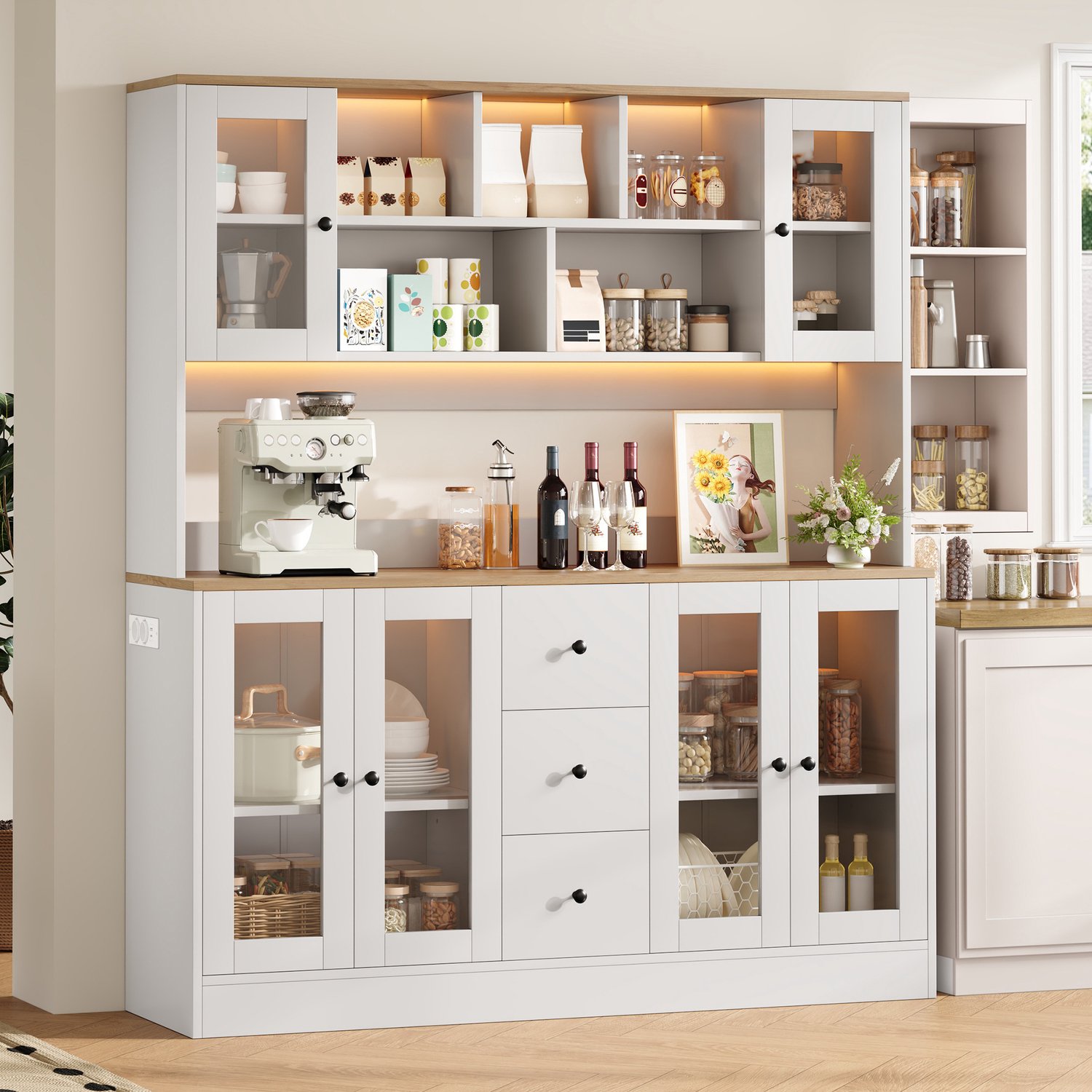 HAUSS SPOLE Keukenkast - Ledverlichting En Stopcontacten - 6 Acryldeuren En 3 Laden - Voor Keuken En Woonkamer - Mdf - Wit En Naturel - 150x40x173 Cm