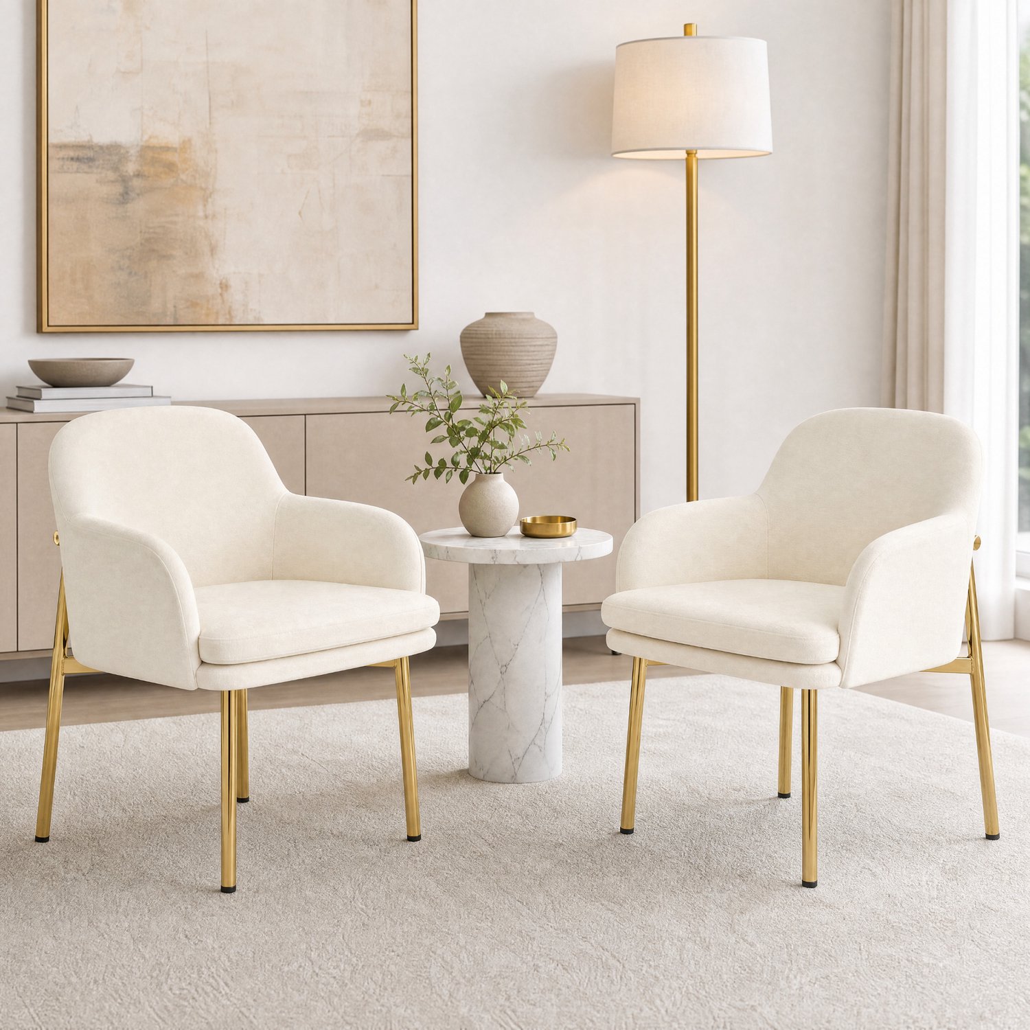 HAUSS SPOLE Eetkamerstoelen met Armleuningen - Set van 2 - Gestoffeerde Zitting en Verstelbare Voetdoppen - Voor Eetkamer en Keuken - Polyester - Wit