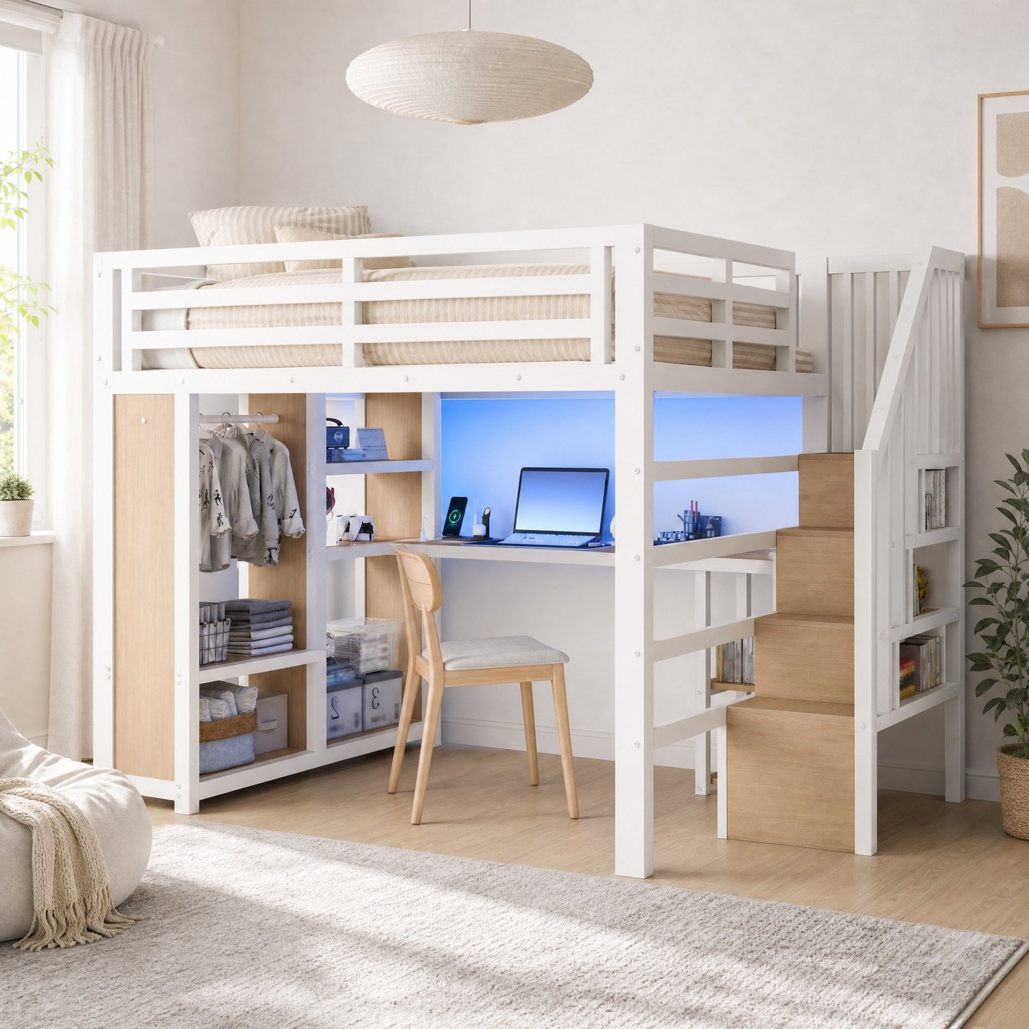 MEUNIQ Hoogslaper 140 x 200 cm van metaal met bureau, open kledingkast, opbergtrap, veiligheidshek, ledverlichting en oplaadpunt voor de slaapkamer, wit