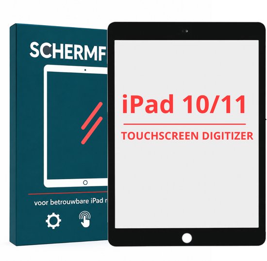 Schermfixen iPad 10/11 touchscreen digitizer met zwarte randen en bijbehorende verpakking.