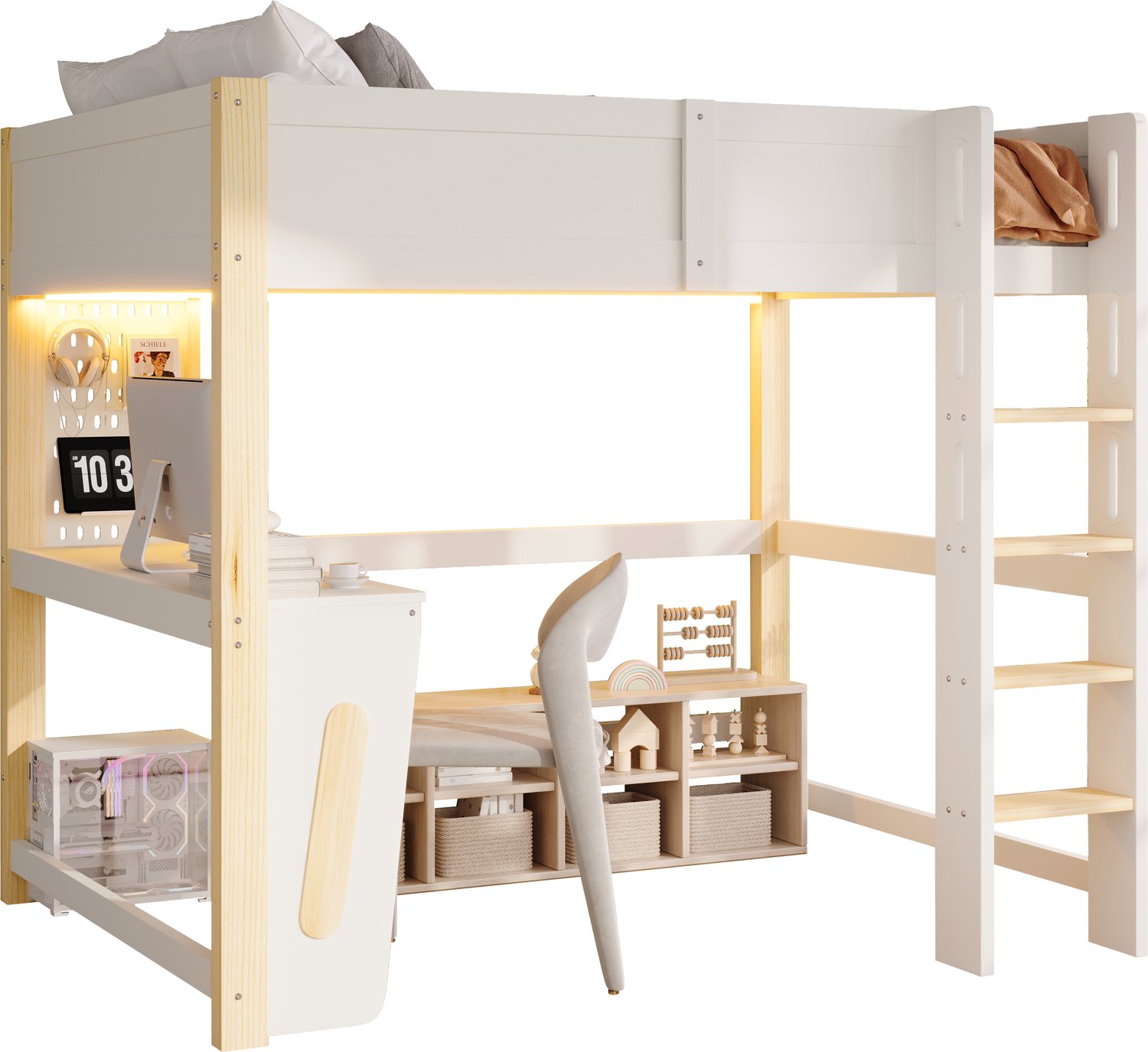 REDOM Hoogslaper 140x200 cm - Met bureau, gatenbord en LED-verlichting - Naturel Wit