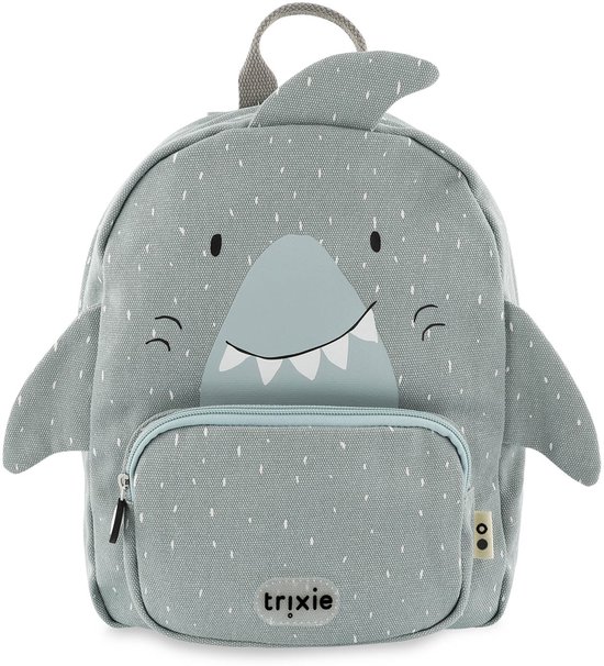 Grijze Trixie rugzak met haaiengezicht, vinnen en Trixie logo op het voorvak.
