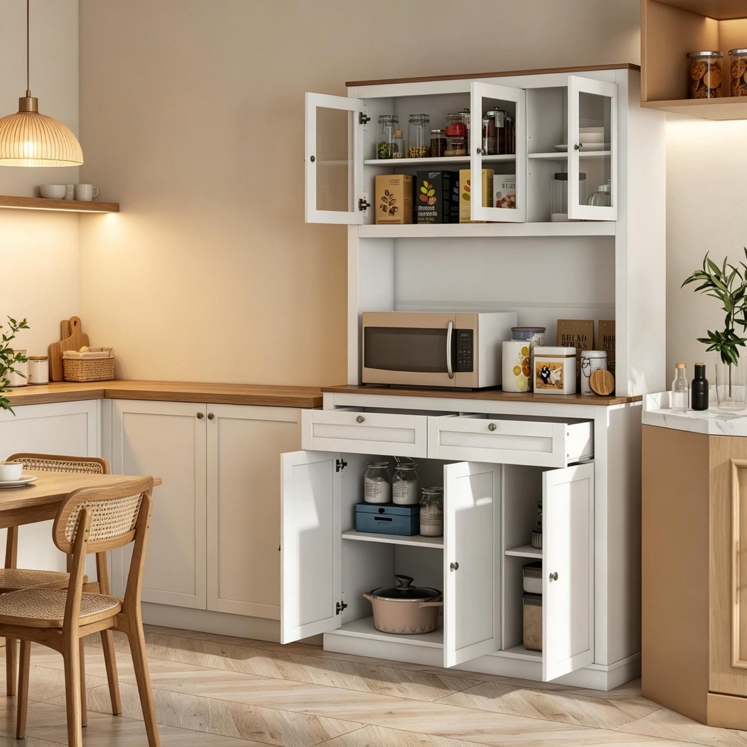 OKWISH Keukenkast - Buffetkast Met Glazen Deuren En 2 Laden - Voor Keuken En Eetkamer - MDF En Spaanplaat, Wit En Eikenkleur - 100 x 40 x 180 cm Wit, eikenlook