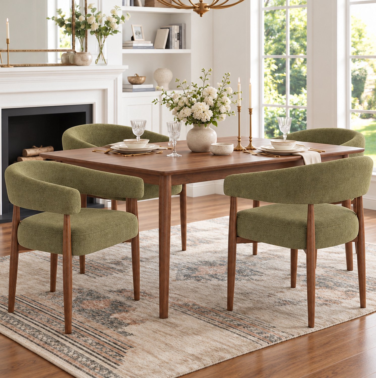 HAUSS SPOLE Eetkamerstoelen – Set van 4 – Met Armleuningen en Gebogen Rugleuning – Voor Eetkamer en Woonkamer – Chenille en Metaal – Olijfgroen Olijfgroen en walnootbruin