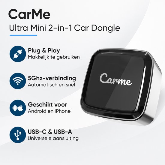 CarMe Ultra Mini 2-in-1 CarPlay Dongle - Draadloos CarPlay & Android Auto - USB-A & USB-C - Android Auto Dongle - Zilver — cadeau in Gadgets - foto 2