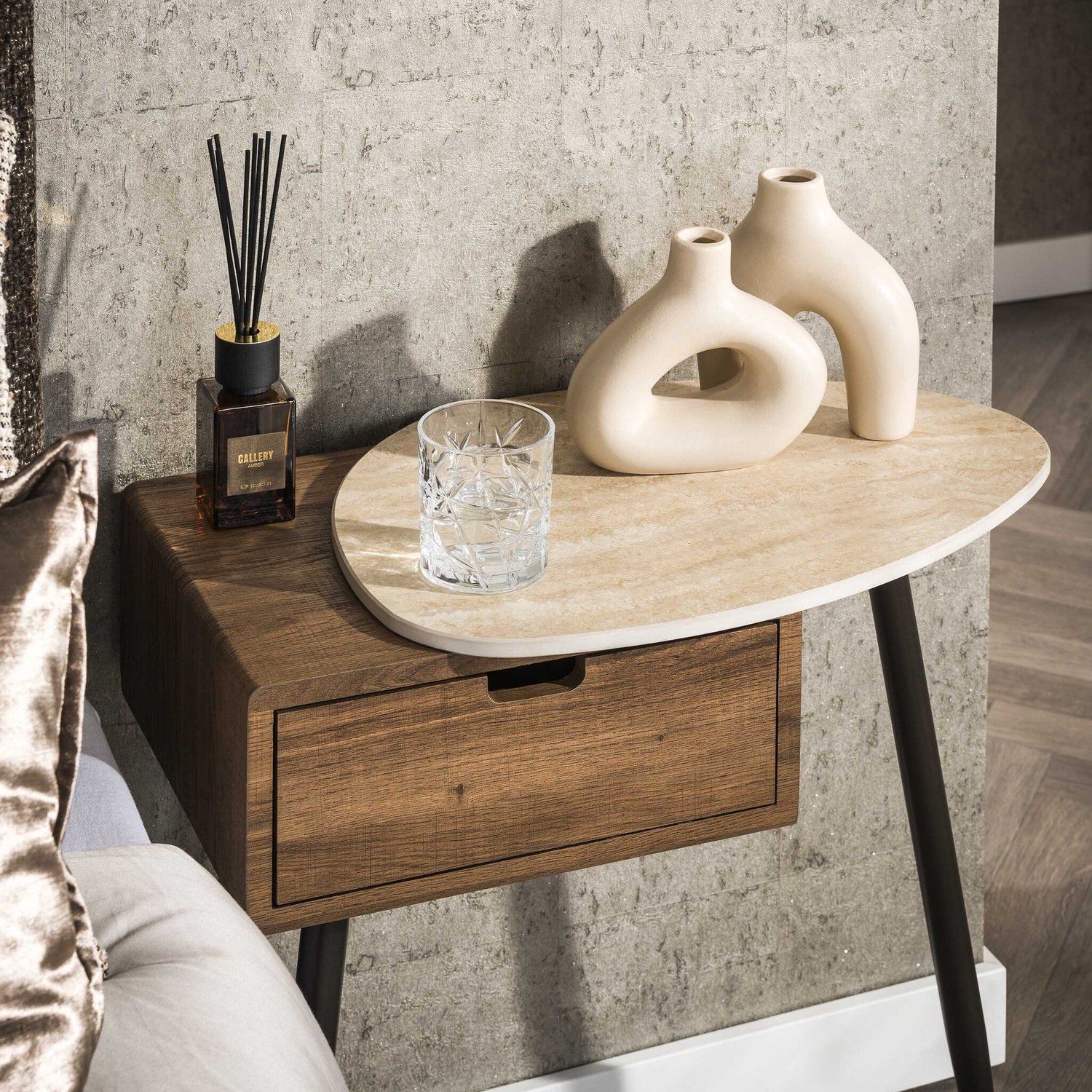Alaska Travino - Nachtkastje - 1 lade rechts - keramiek travertin look - 60 cm - Beige