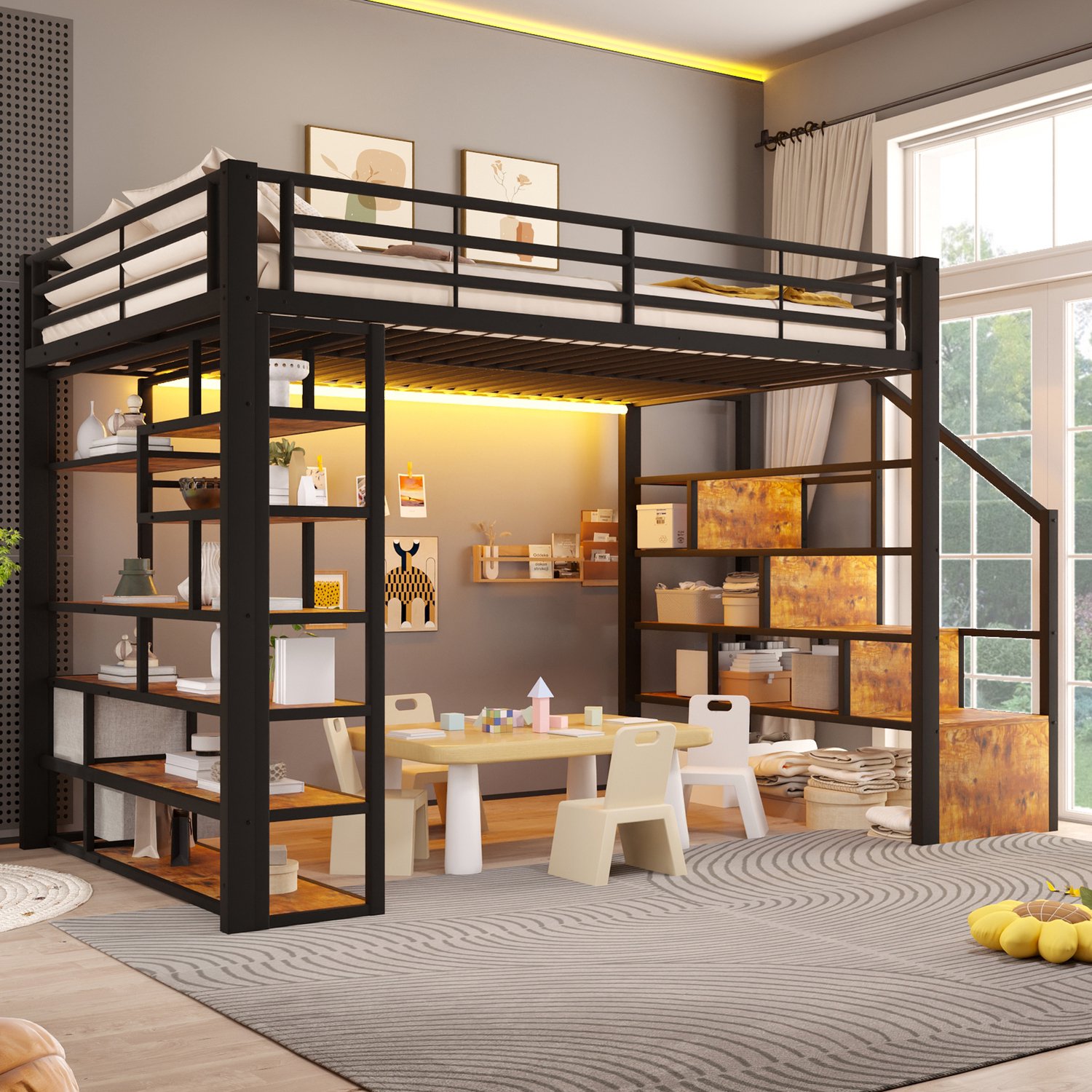 HAUSS SPOLE Hoogslaper 140x200 cm - Met Opbergtrap en Uitvalbeveiliging - Met Lichtstrip en Stoffen Lades - Zonder Matras - Metaal en MDF - Zwart