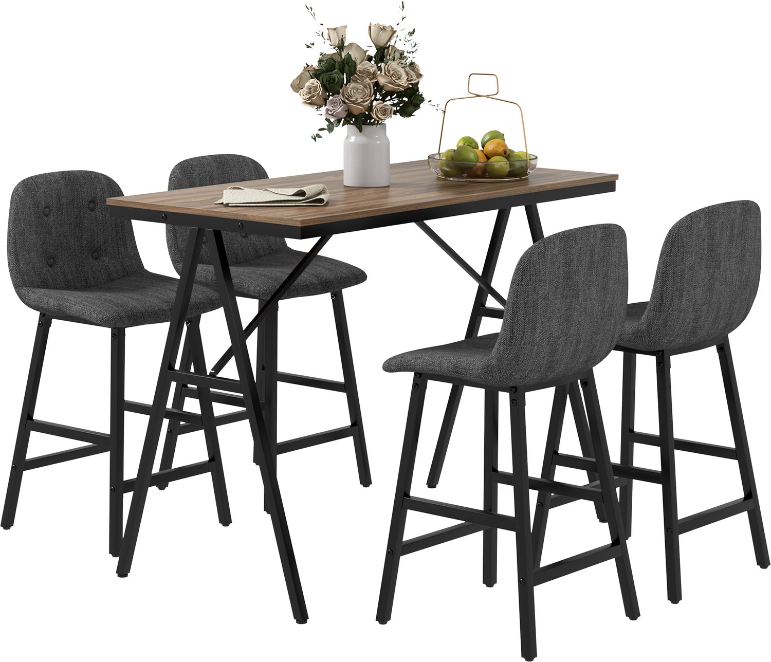 5-delige Bartafelset Donkergrijs 120x60x91cm Tafel 4 Barkrukken 49x43x91cm Katoenlook Knoopdetail Industrieel Metaal Houtlook Verstelbare Voetjes voor Keuken Eetkamer Bar Kleine Ruimte
