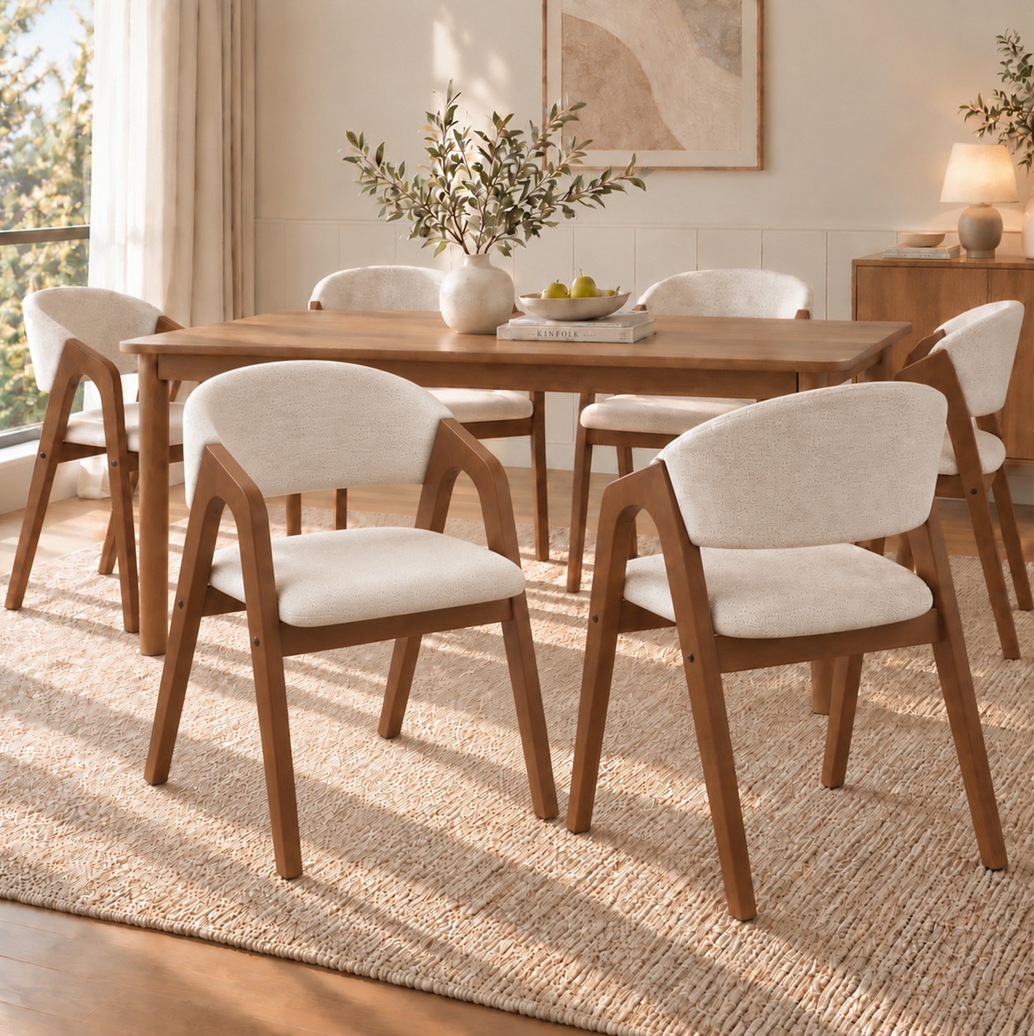 HAUSS SPOLE Eetkamerstoelen - Set van 4 - Met Armleuningen - Voor Eetkamer, Woonkamer en Café - Hout en Linnen - Walnootbruin en Beige Walnootbruin en lichtbeige