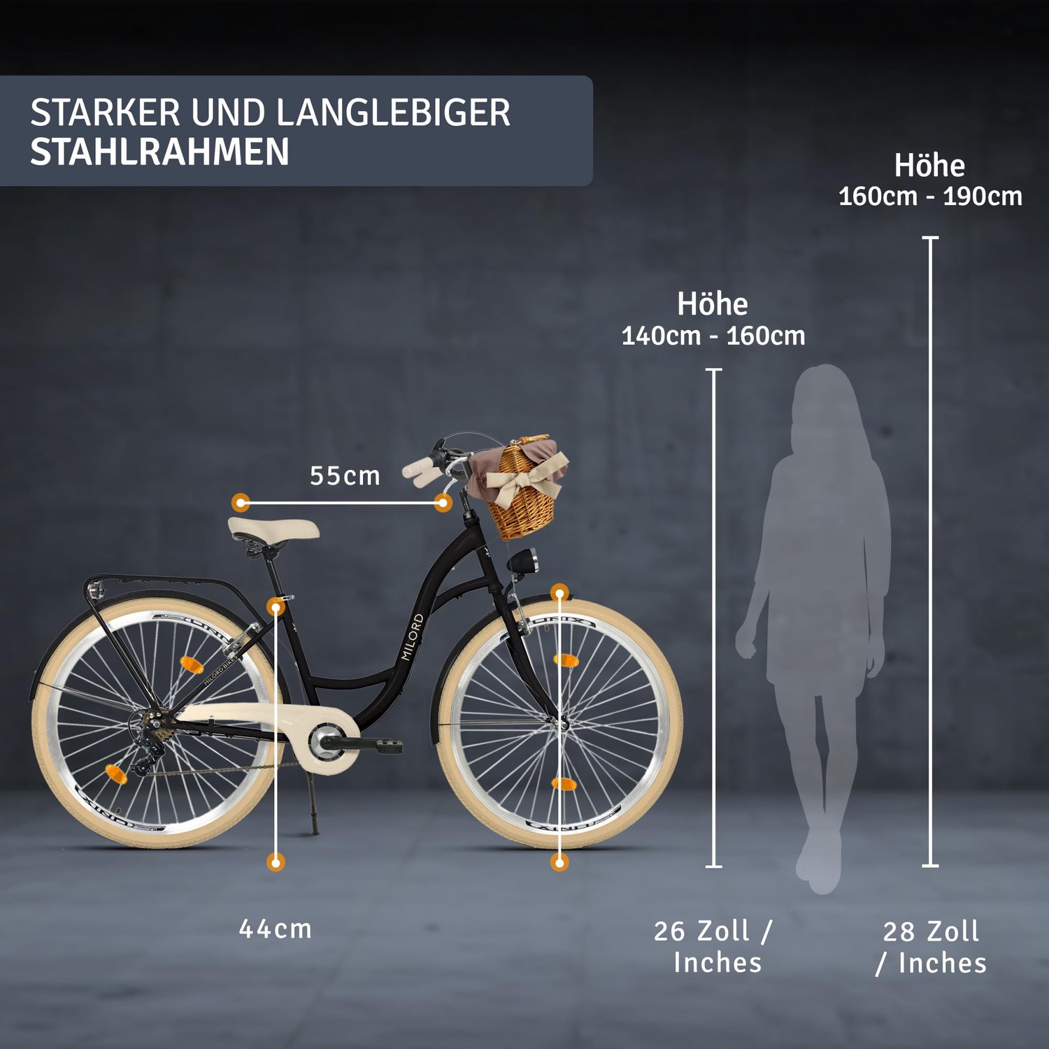 Milord damesfiets 28 inch 7 versnellingen zwart frame rieten mand