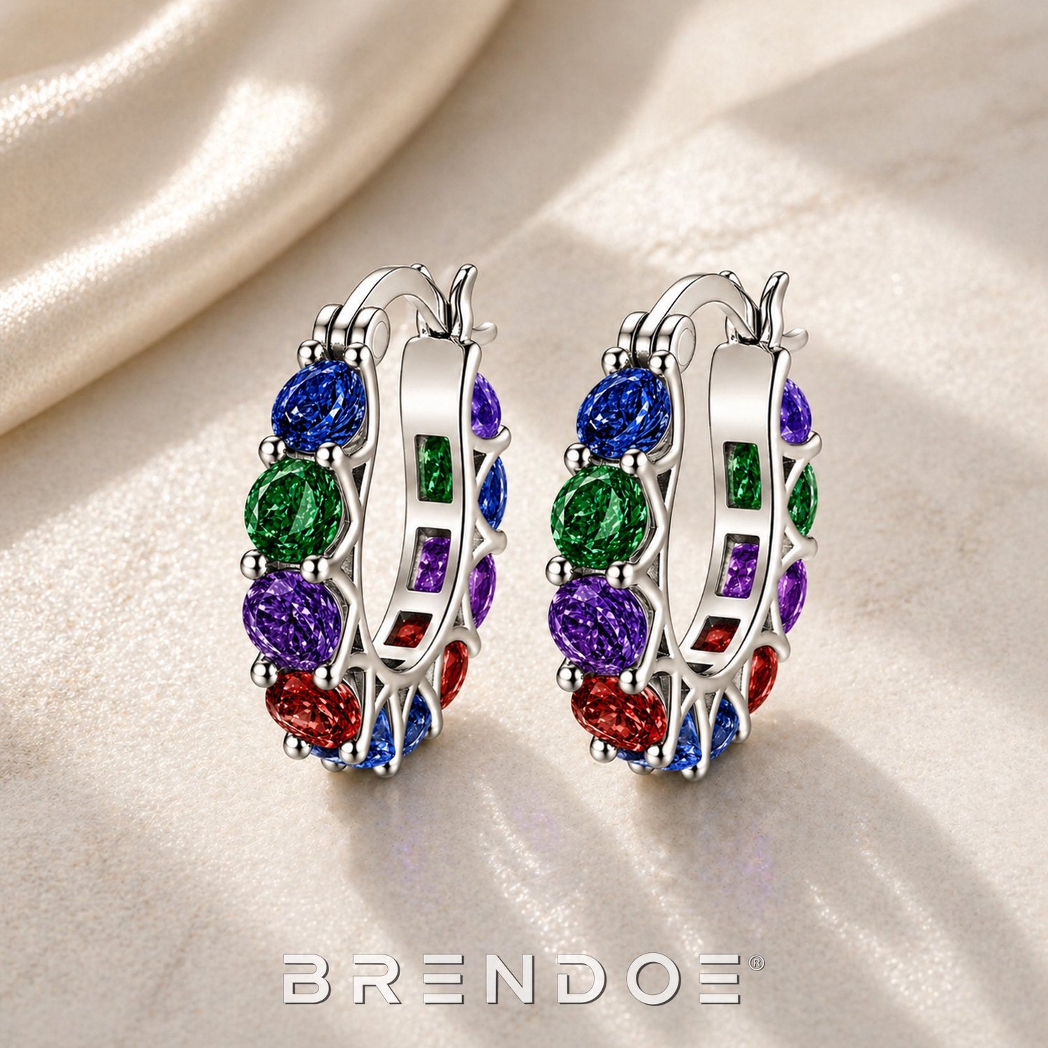 Brendoe Zilverkleurige Oorringen Dames – Multicolor Synthetische Stenen – Elegante Statement Oorbellen – 2 cm