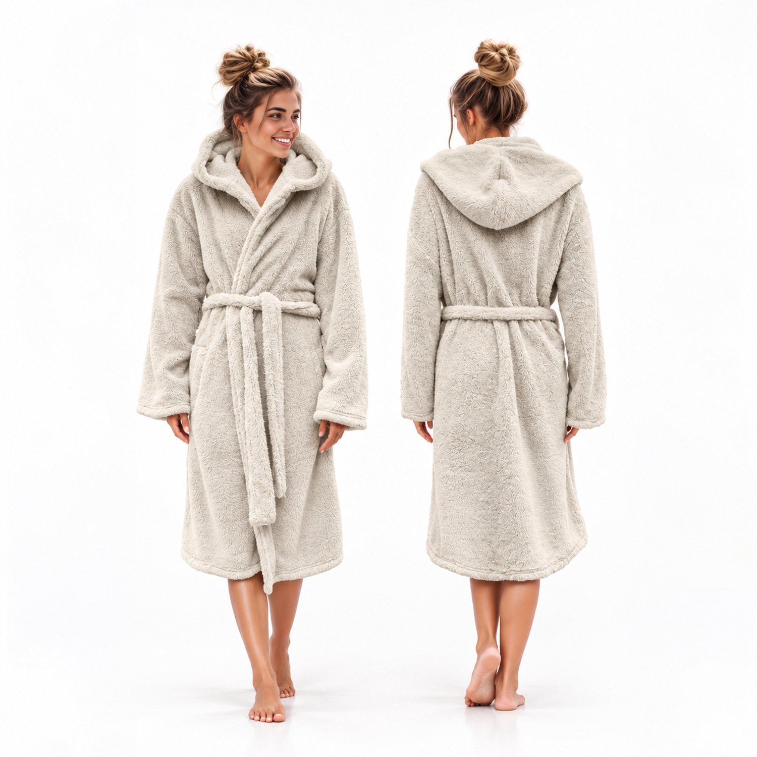 LINNICK Teddy Fleece Badjas met Capuchon inclusief Teddy Tas - Off White - L - Badjas Dames - Badjas Heren ecru / ivoor