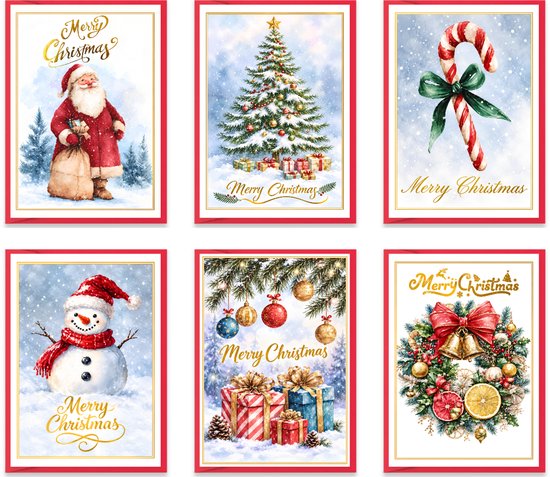 Zes verschillende kerstkaarten met nostalgische kersttaferelen en de tekst Merry Christmas in goudschrift.