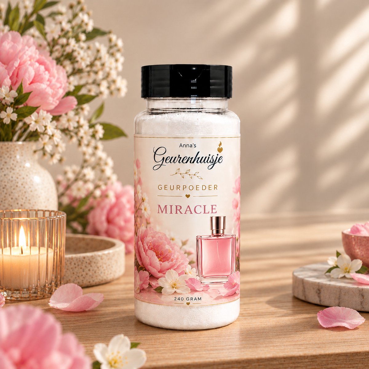 Anna's Geurenhuisje - Geurpoeder Miracle - Handmade - Geinspireerd op parfum geur - Voor Tapijt, Bank, Auto, Camper, Caravan & Stofzuiger - 240 gram - dierproefvrij - verfrissend - langdurige geurafgifte