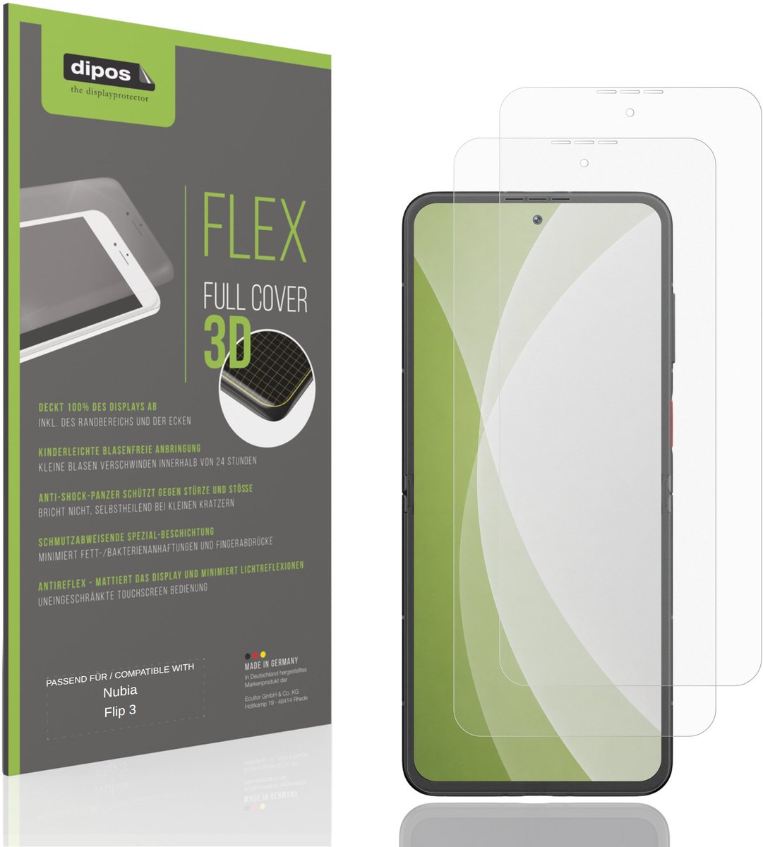 dipos FLEX – 2x Matte Screenprotector geschikt voor Nubia Flip 3 Innenseite | Volledige Schermbescherming | Case-Friendly