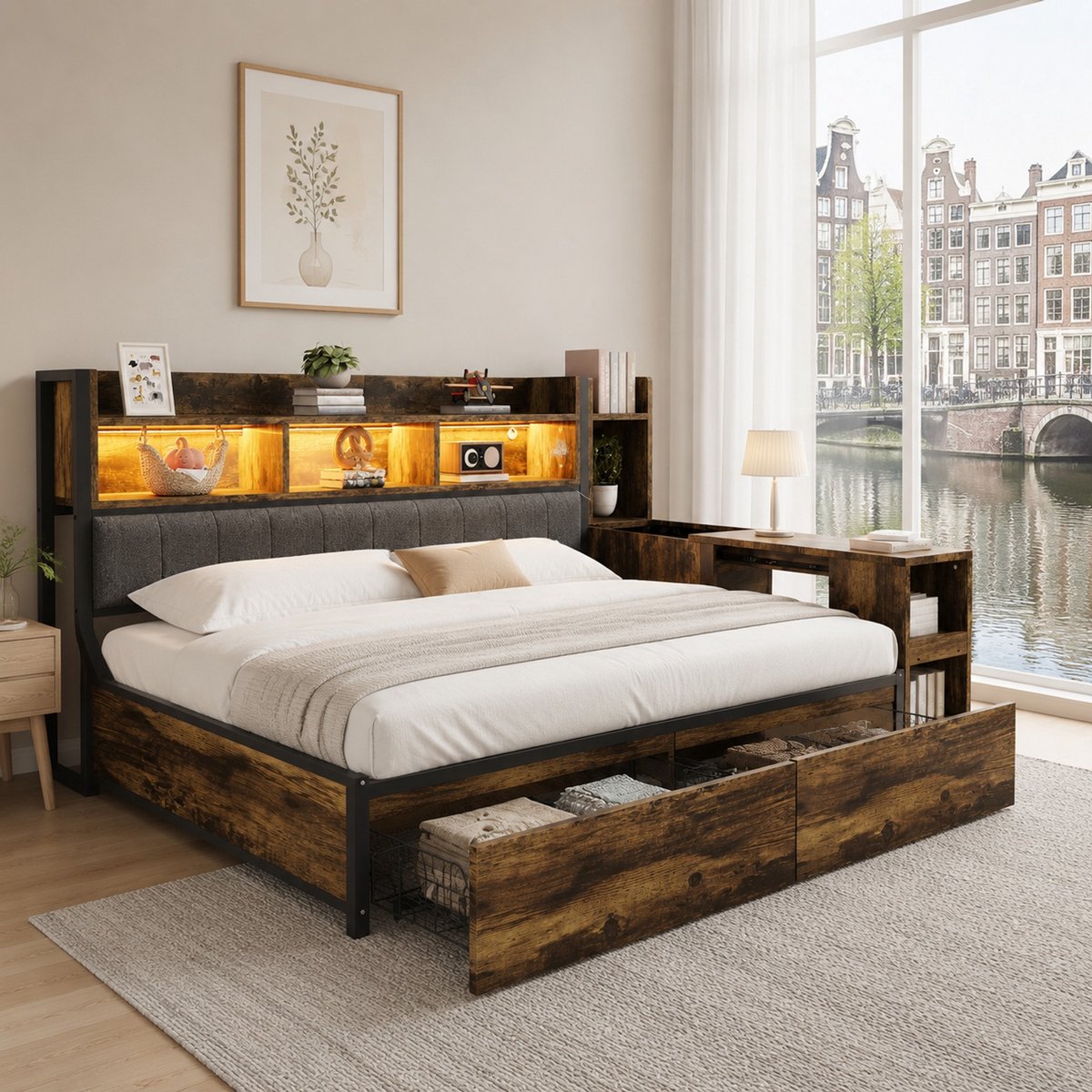 WUVRIE Eisen Sofabed 90x200cm met veel opbergruimte, uitklapbaar bureau, multifunctionele stopcontacten & LED-verlichting, natuurlijke houtkleur Natural Wood