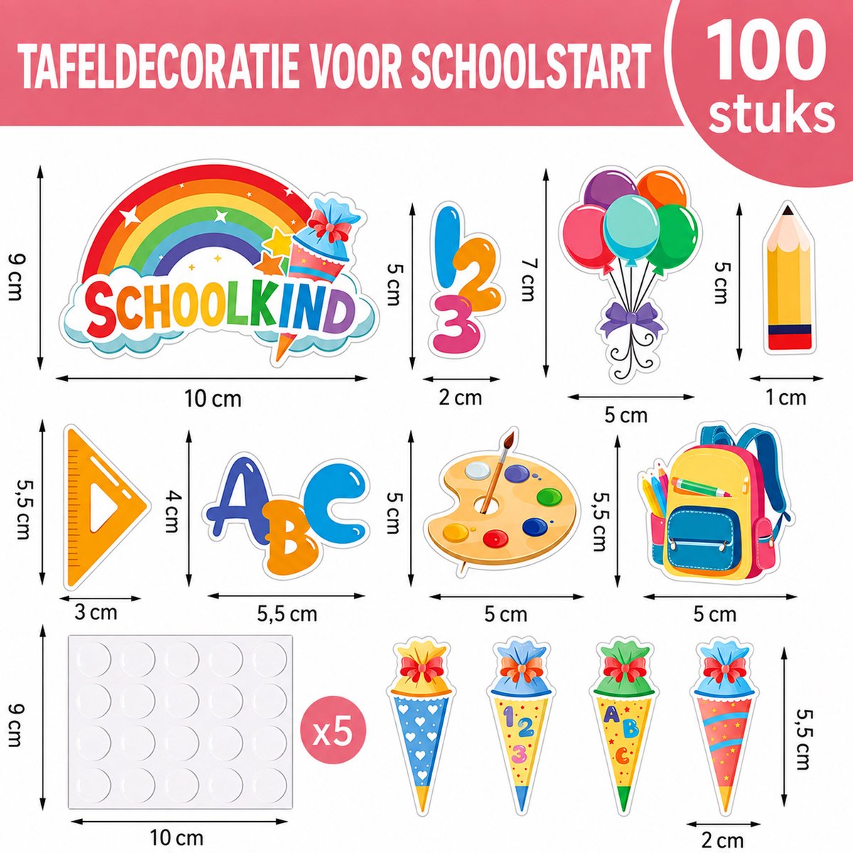 Kaiyaya - 100 stuks schoolconfetti - kleurrijk karton - met ABC en 123 motieven - voor eerste schooldag en schoolfeest - inclusief 100 plakstippen