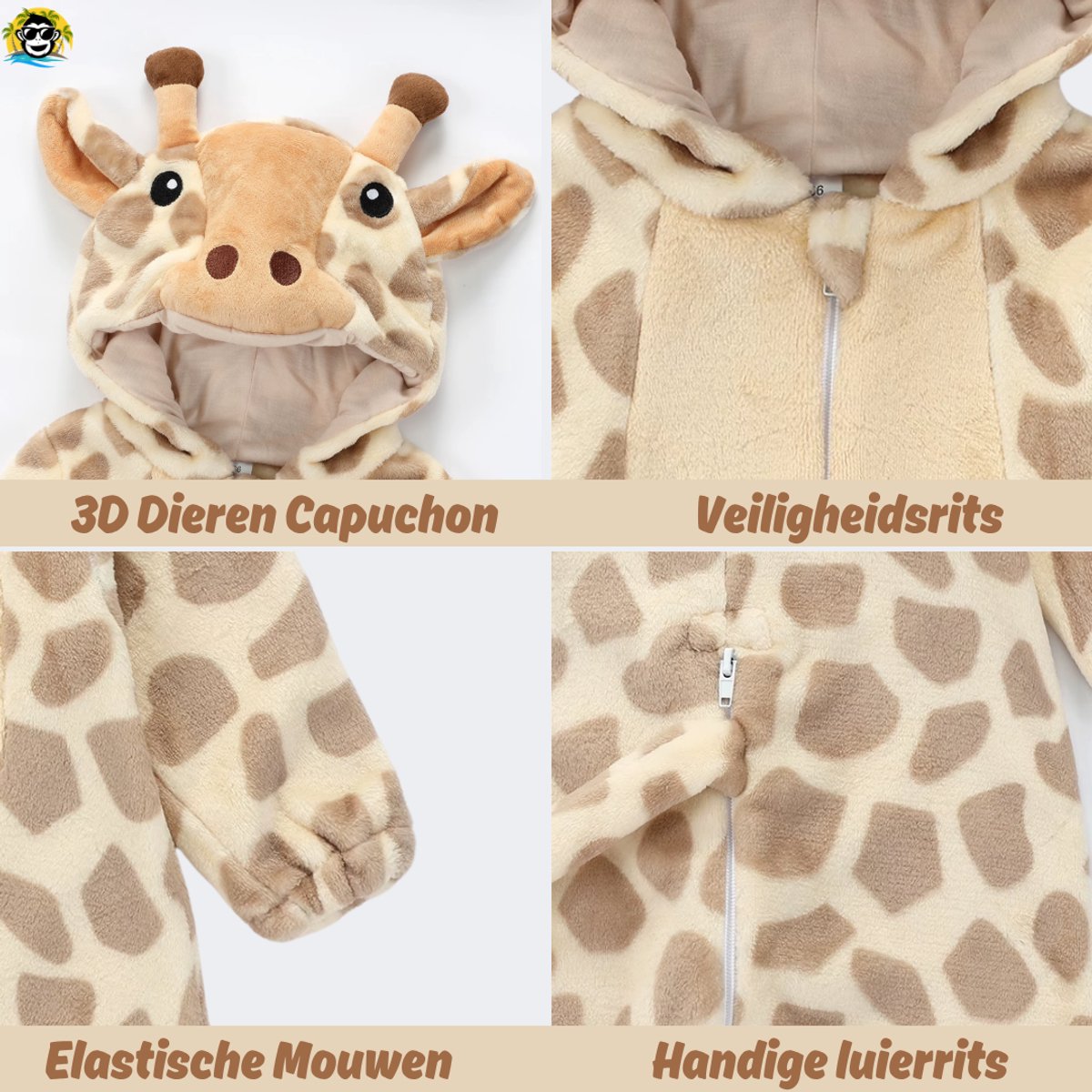 BoefieBoef Dieren Baby Onesie Giraffe Peuter Pyjama Kinderen 6 maanden tot 2 jaar – Verkleedkleding met Luierrits – Carnaval Dierenpak - Verjaardag- en Kraamcadeau – Flanel - Romper - Boxpak - Jongens - Meisjes - Kruippak - Giraf Bruin — afbeelding 7