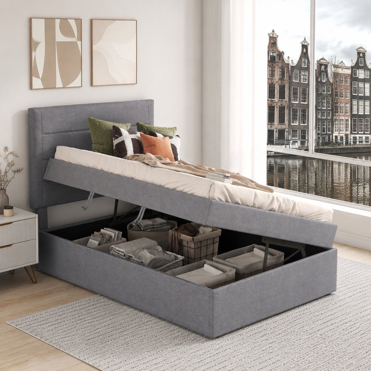 WUVRIE Polsterbett 90x200cm Eenpersoonsbed met Lattenbodem en Opbergruimte - Grijs zonder Matras