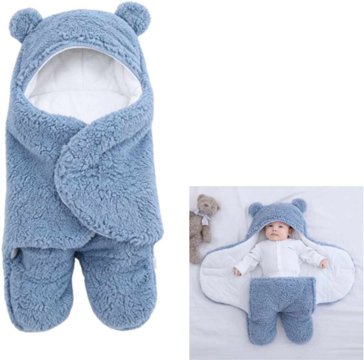 Inbakerdeken baby's - Benodigdheden pasgeborenen - Superzacht pluche - Schattige beer - Verdikt - Lamswolstof - Geschikt baby's van 1-3 maanden (Blauw - 70*84 cm)