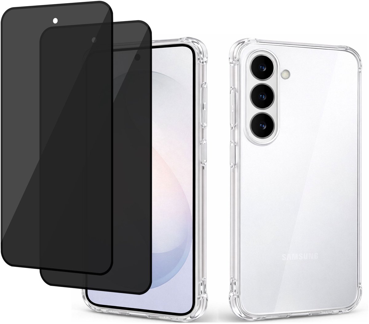 Hoesje + 2x Privacy screenprotector geschikt voor Samsung Galaxy S26 FE - Luchtkussens - Siliconen Hoes - Gehard Glas - Transparant - geschikt voor Samsung Galaxy S26 FE