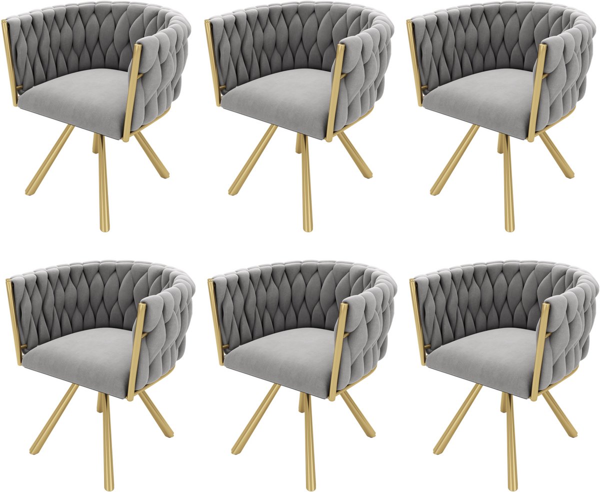 MUVANO Fluwelen eetkamerstoelen set van 6 - grijze draaistoel met gouden poten - luxe zitting - 150kg - 360 graden draaibaar - eetkamer Grijs