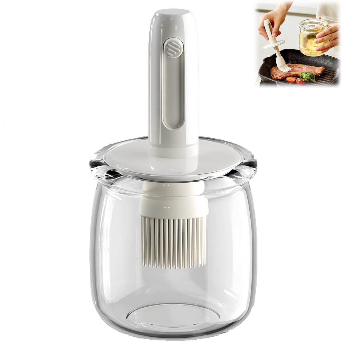 1 stuk - oliekwast fles - 2‑in‑1 olie dispenser met borstel - siliconenborstel oliefles - uitschuifbaar siliconen kwastje - hittebestendig glas 300ml - keuken barbecue bakken airfryer - wit