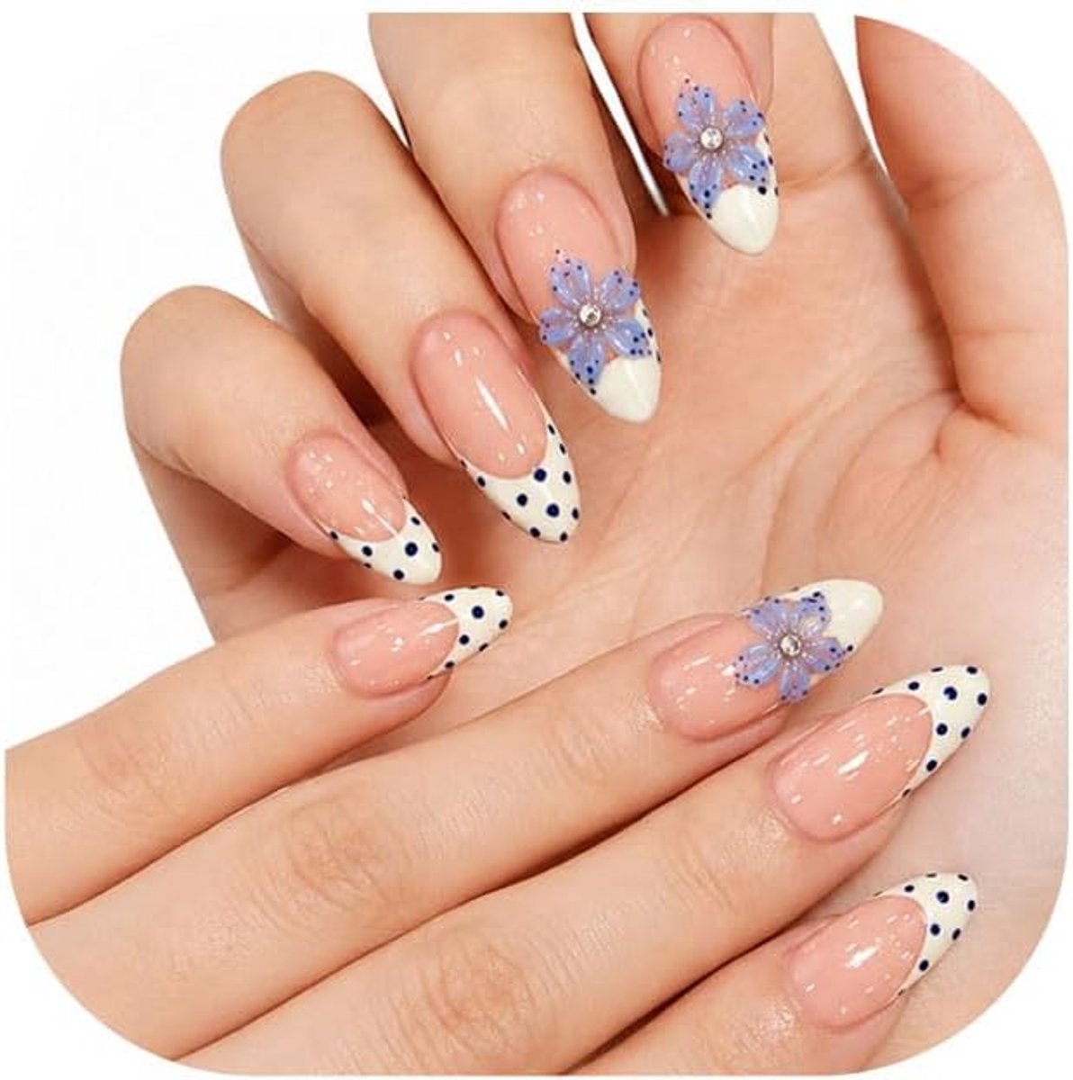 30-delige set kunstnagels, blauw bloemenpatroon, amandelvormig ontwerp, Franse bloemversiering, elegant en prachtig - ShopVlot