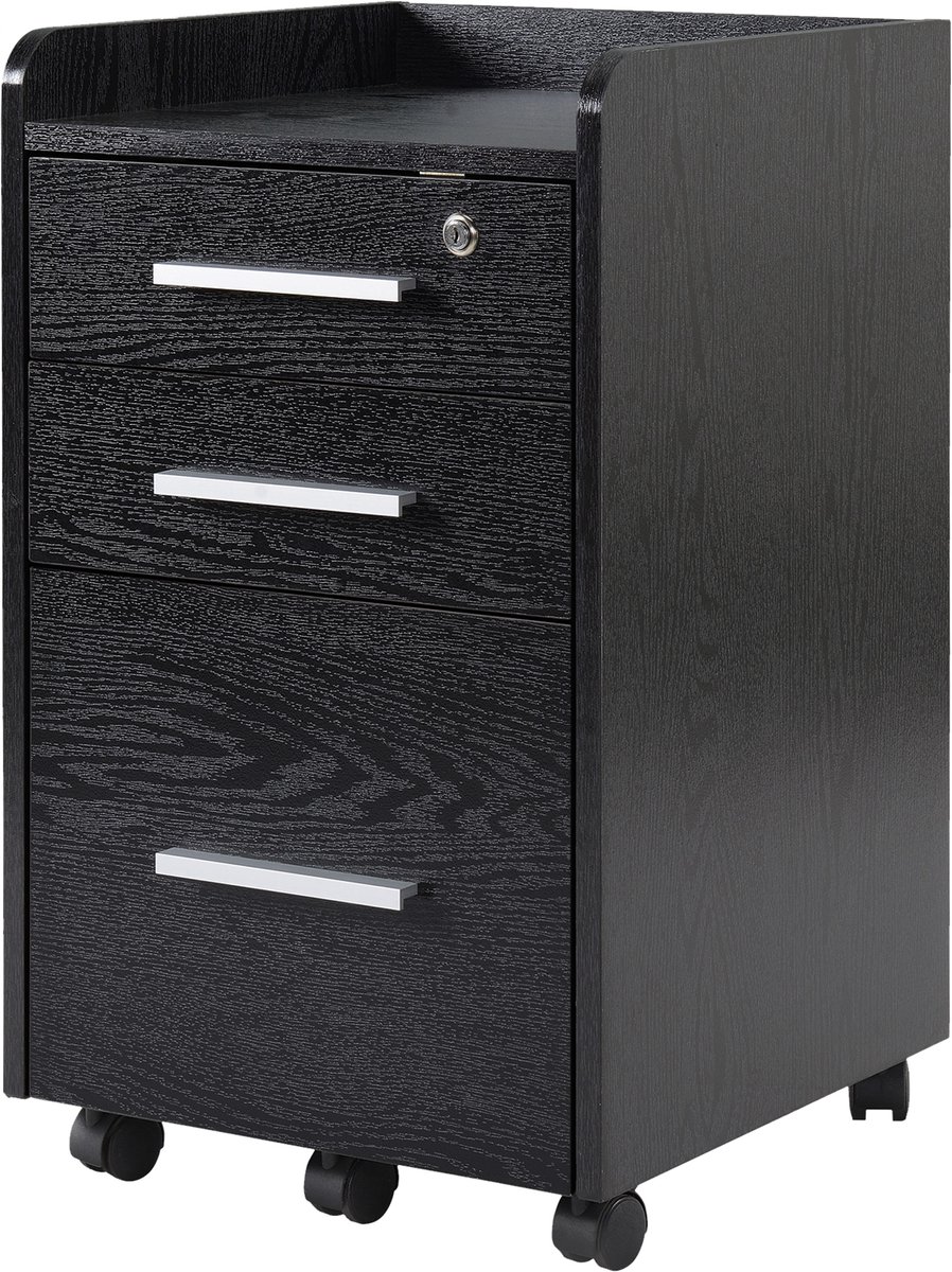 Houten 3-laden documentenkast - Met veiligheidssloten - Met 5 zwenkwielen - Afmetingen 39,2 x 40 x 65,4 cm - Zwarte kleur - Stevige houten constructie