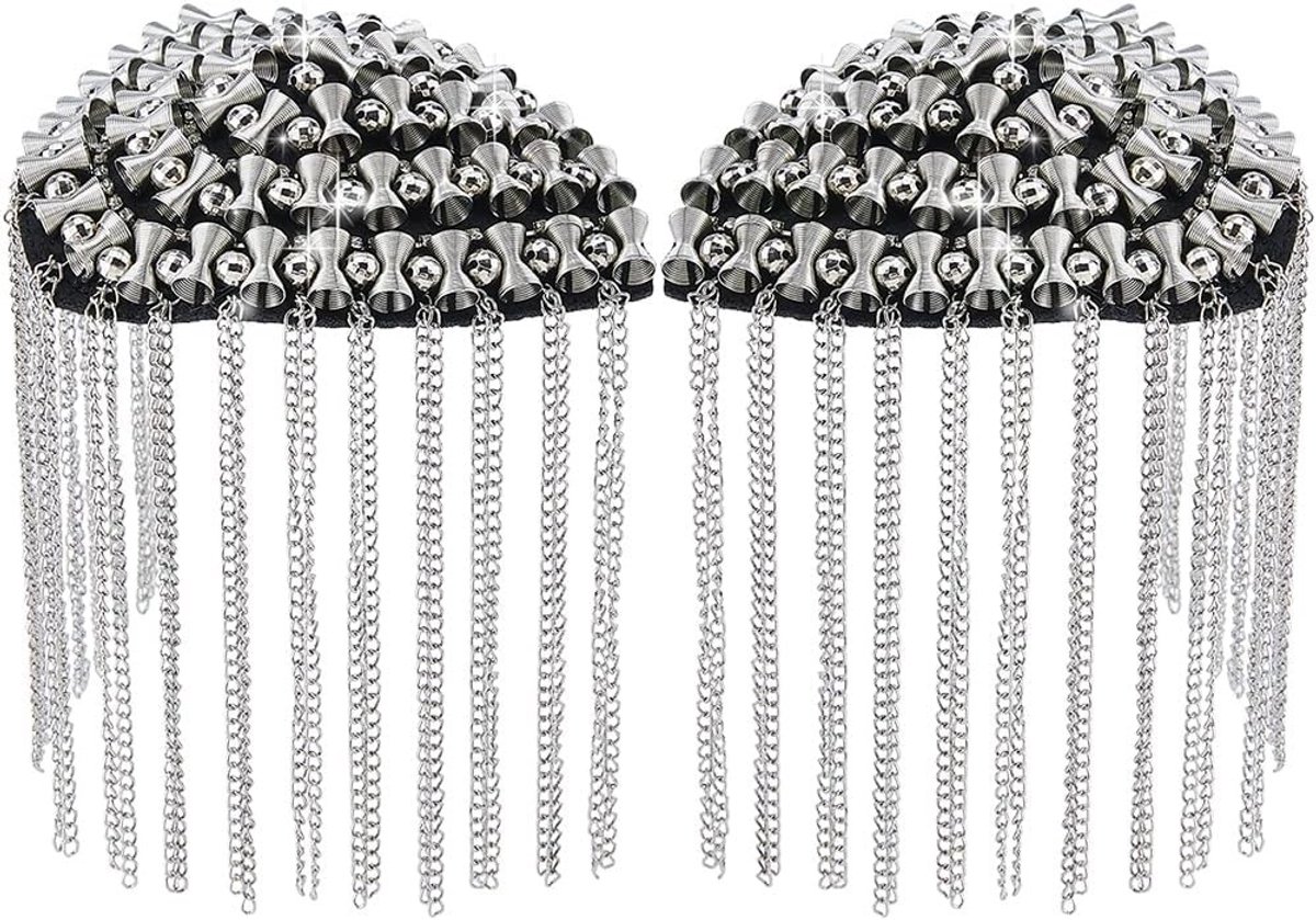 2 Stuks Zilveren Franje Schouderflappen Retro Punk Afneembare Epauletten voor Kostuum en Cosplay, 11 cm Franje