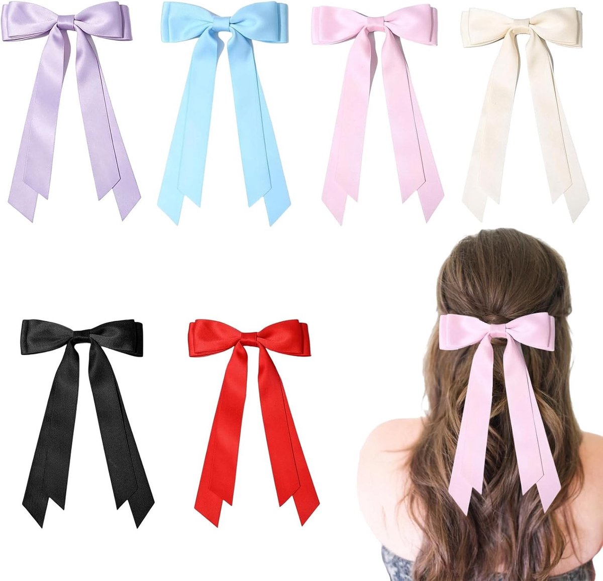 Elegante satijnen haarstrikken voor dames, 6 stuks, met grote metalen haarclip voor een stijlvolle look