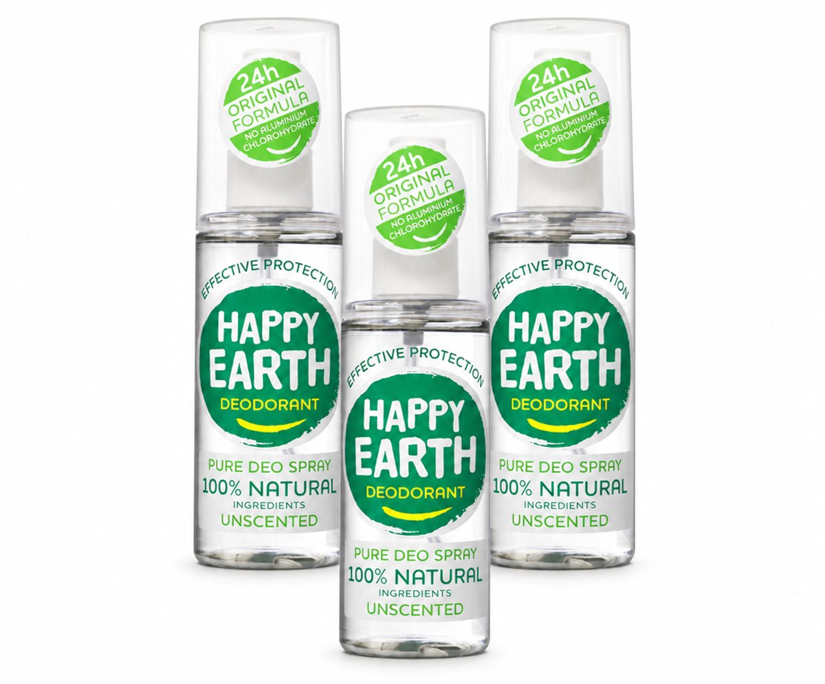 3 x Happy Earth – Deodorant Spray – 100% Natuurlijk Unscented – 100 ml - Voordeelverpakking - 3 stuks