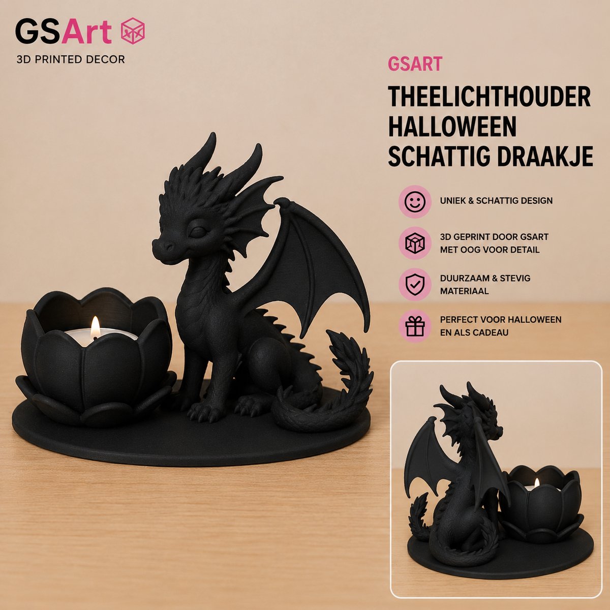 GSArt Theelichthouder Halloween Schattig Draakje – 3D Geprint – Inclusief LED Theelichtje