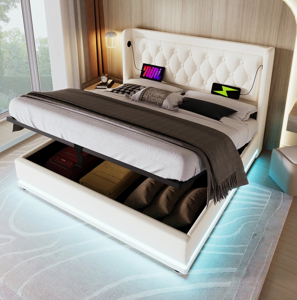 Opklapbed 180x200 cm - Tweepersoonsbed met USB en Type C Oplaadfunctie en 3-Zijdige LED - Hydraulische Opbergruimte - Kunstleer - Wit Zonder matras