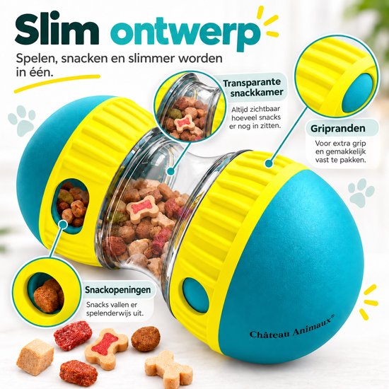 Blauwe en gele snackbal, gevuld met hondenvoer. Met uitleg 'Transparante snackkamer' en 'Grip-randen'.