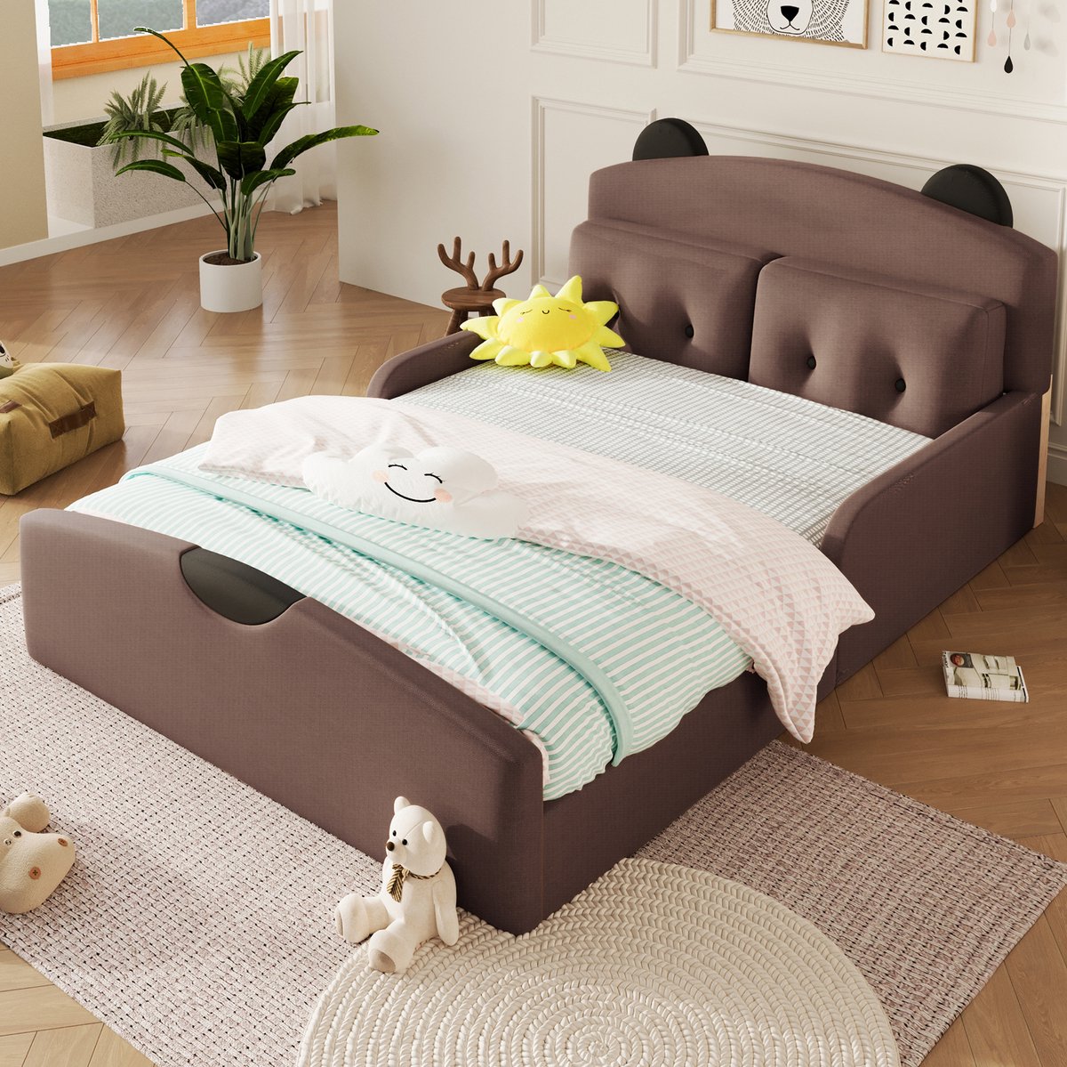 Kinderbed 140x200 cm Zonder Matras Gestoffeerd Bed Met Beren Hoofdbord En 2 Sierkussens Voor Kinder En Jeugdkamer MDF En Stof Bruin